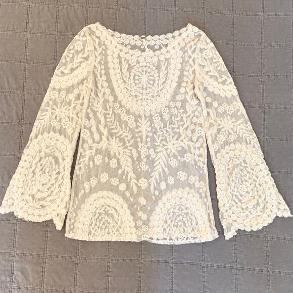 Free People Sheer Cream Lace Long Bell Sleeve Top Embroidery Floral Crochet XS - Picture 8 of 10